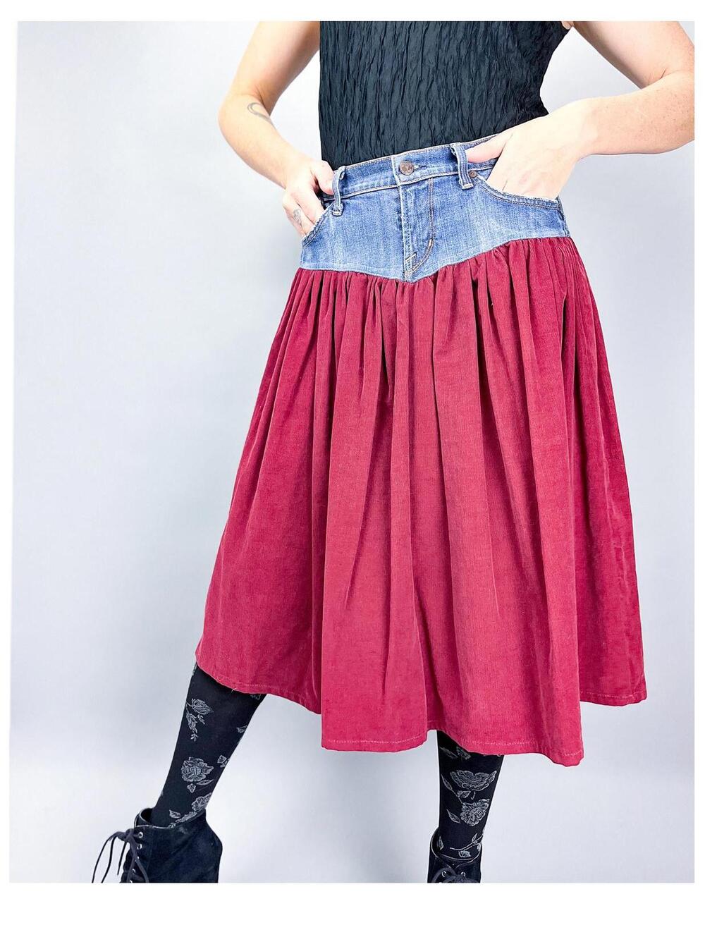 Midi Broom Skirt | Upcycled Denim & Cranberry Corduroy Gathered Long Skirt